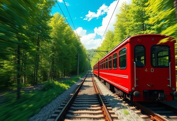 Naklejka premium Vibrant red train on a tramway, speeding through lush green woods under a clear blue sky Anime style, vibrant, leaves