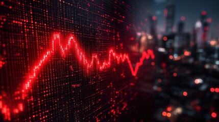 Red Data Line Representing Market Fluctuation Against Cityscape Backdrop
