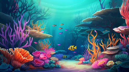 Colorful coral reef illustration with various fish and coral formations in a vibrant underwater scene
