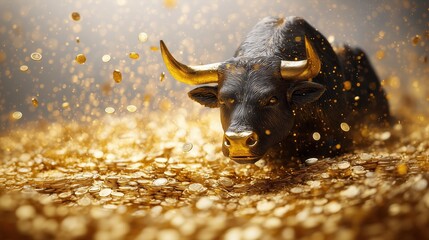 Golden Bull Among Sparkling Coins Symbolizing Wealth and Financial Prosperity