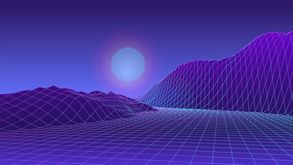 Abstract digital polygonal wireframe landscape. Blue mesh illustration on dark background. Digital polygonal wireframe landscape.