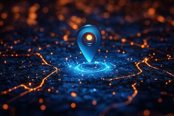 Blue Navigation Icon on Illuminated Digital Map Showing Futuristic Location Concept