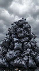 Pile of black plastic garbage bags in a landfill