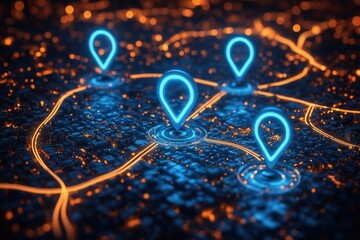 Digital Map with Glowing Location Markers and City Layout