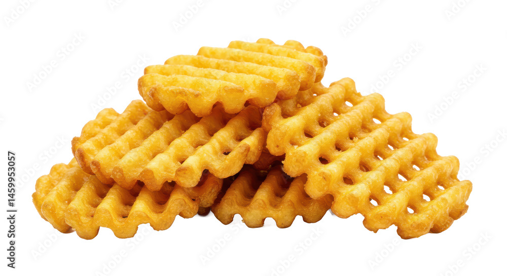 Poster a close up shot showcasing a stack of waffle fries with a golden yellow color and a distinct grid pa