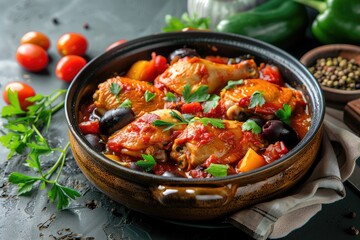 one-pan chicken stew with bell peppers, olives, herbs, and tomatoes, cooked in olive oil and broth