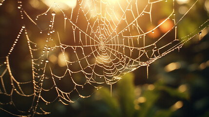 A spiderweb glistening with dew drops illuminated by the morning sun in a blurry green backdrop
