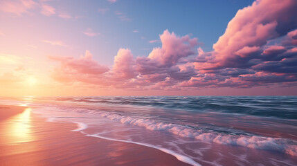 Ocean waves gently washing onto the sandy beach under a pastel sunset with pink and blue clouds