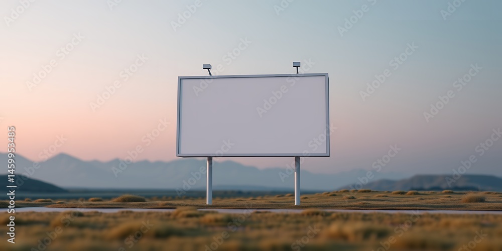 Poster a blank billboard stands in a field with mountains and a colorful sky in the background