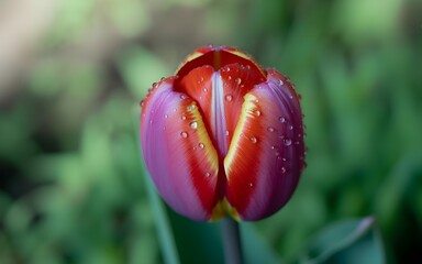 Macro Photo of a Single Tulip Petal in Natural Light Showing Jade-Green Veins, Dew Droplets, and Velvet Texture with Blurred Green Background and Vibrant Magenta-Coral Gradient