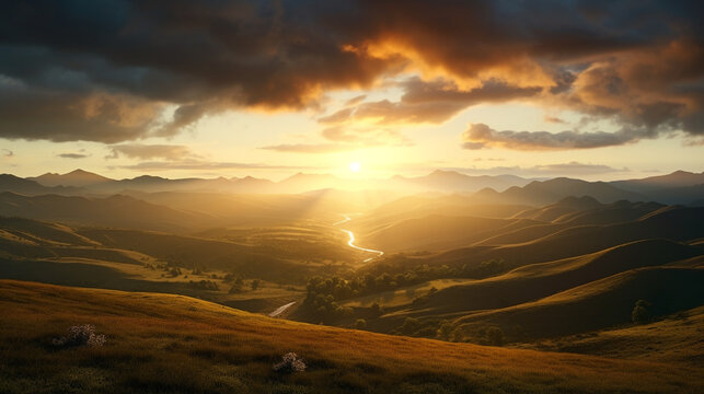 Golden sunset over rolling hills with a winding river and dramatic clouds in the sky above the horizon