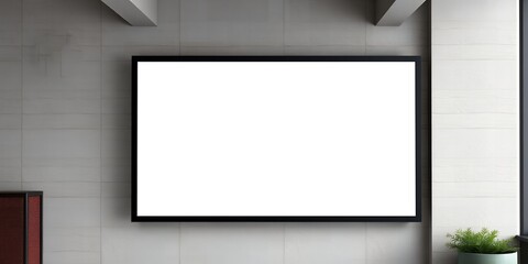 Obraz premium Blank canvas in a black frame hanging on a textured gray wall with a small green plant