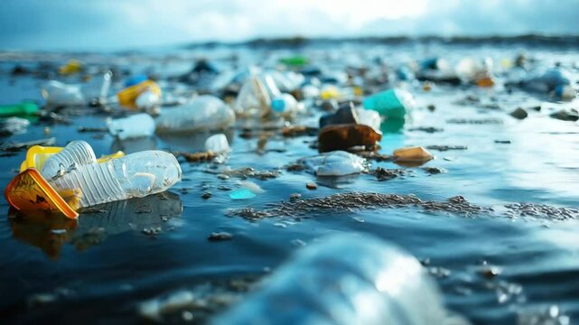Ocean Pollution with Floating Trash and Environmental Debris, Plastic Waste, Suitable for environmental, ecology, and climate change visuals