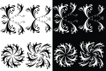 Vintage black and white floral vector design set with ornate flower elements for decoration