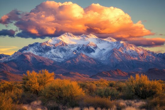 Majestic snow-capped mountains at sunset, bathed in the warm glow of a vibrant, orange-hued cloud.