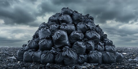 Pile of black plastic garbage bags in a landfill