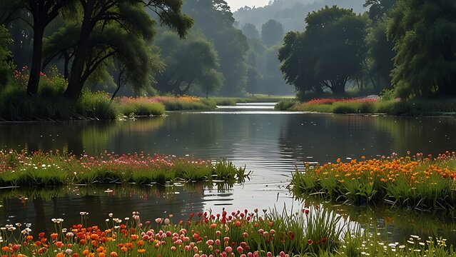 Flowers, serene landscapes, trees, and water bodies.