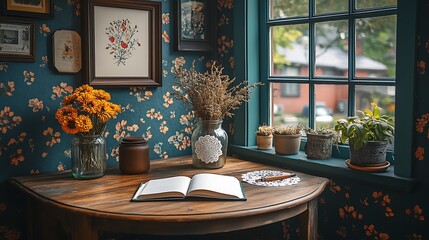 Sunny desk corner with wildflowers and cozy notes high resolution image