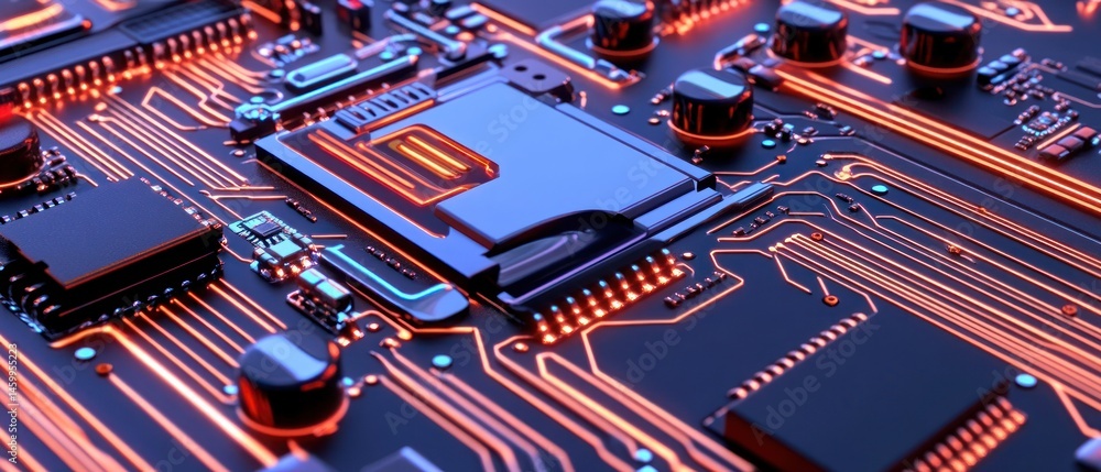 Poster glowing circuit board technology electronics processor digital high tech network