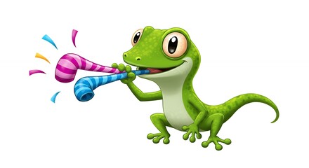 Cartoon gecko blowing party horns on white background