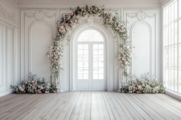 Elegant floral arch in bright sunlit room with vintage white interior design