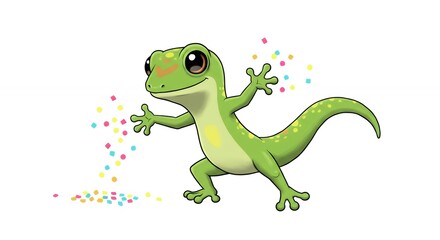 Fototapeta premium Cartoon gecko character in dynamic pose with green scales and expressive features on white background