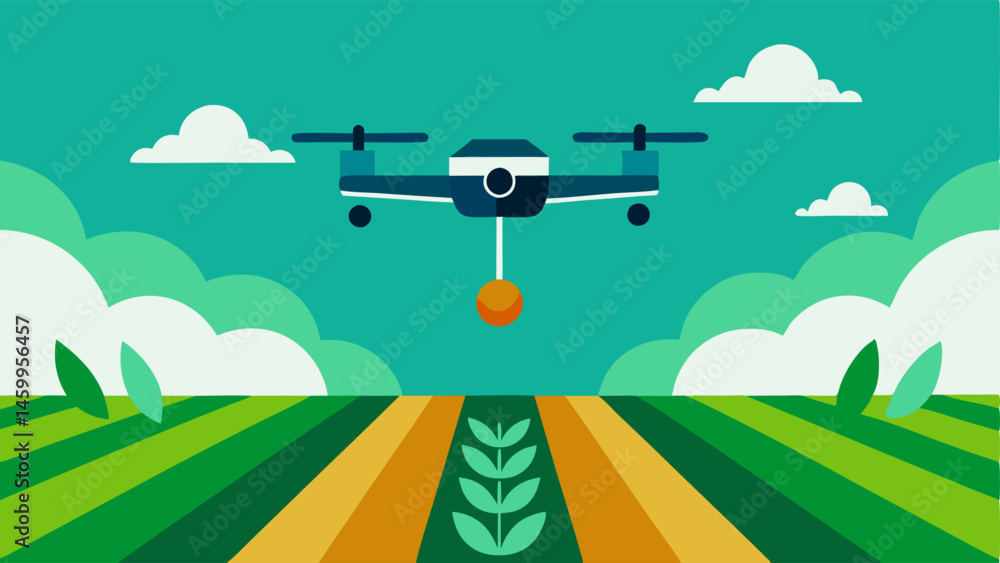 Poster drone over fields an illustration of a drone flying above a vibrant green field equipped with sensor