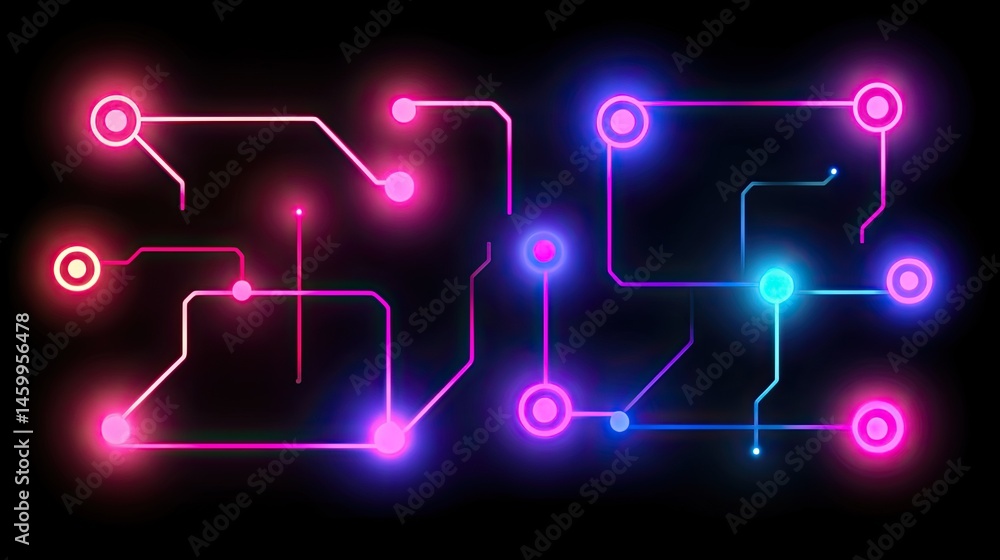 Poster abstract digital circuit design, glowing neon lines and nodes
