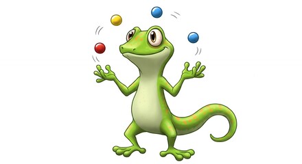 Obraz premium Cartoon gecko juggling colorful balls