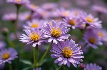 Close-up photo of purple aster flowers with yellow stamens. Selective focus, shallow depth field. Flowers grow in meadow, summer time, outside. Beauty in nature, botany, floral design. Ideal for