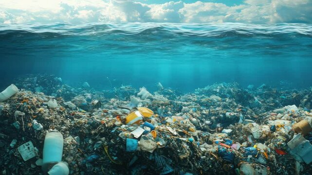 Plastic Debris Floating Underwater with Sunlight Rays