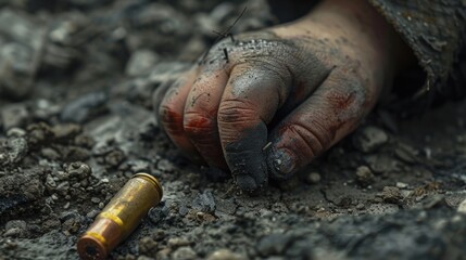 close up bullet on the ground and the children hands