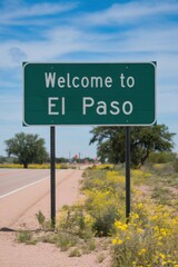 Welcome to El Paso, Texas Roadside Sign with Yellow Wildflowers - Travel Destination and Southwestern Landscape
