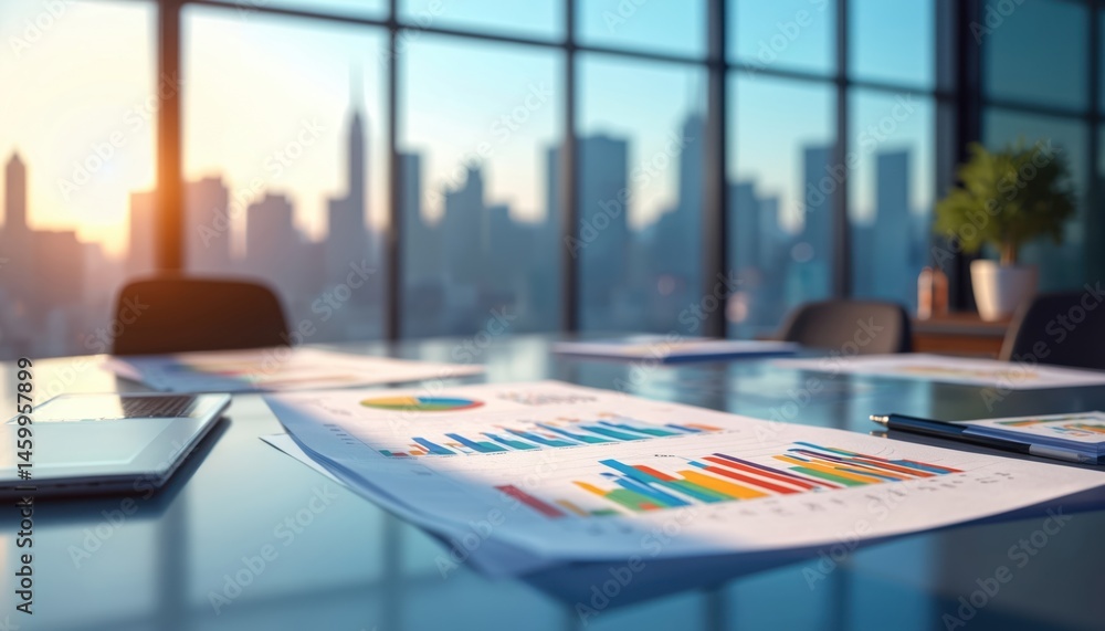 Poster illustration of business graphs charts on table with city skyline in background. modern workspace, d