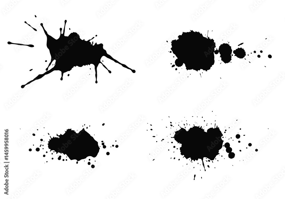 Poster black ink splatter vector collection for design elements and artistic backgrounds, abstract shapes, 