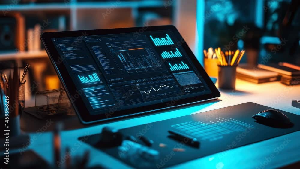 Poster graphics tablet on a desk enhances digital design workflow in a modern workspace at night, a graphic