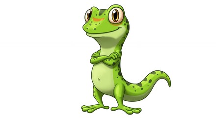 Naklejka premium Cartoon illustration of a friendly green gecko with a smiling expression and large eyes isolated on white