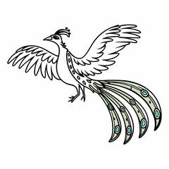 Fototapeta premium Flying peacock full body image on white background, showcasing vibrant feathers in mid-flight.