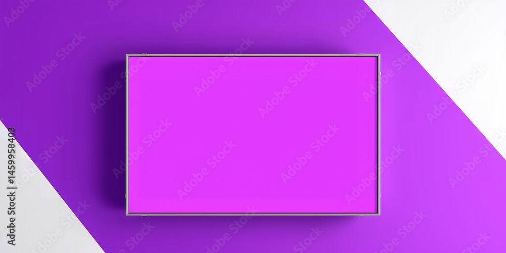 Poster a pink rectangle frame on a purple and white background with a diagonal split design