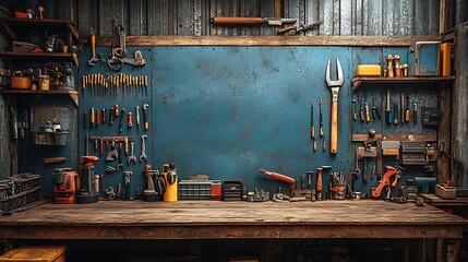 Vintage wooden workbench with hanging tools high quality 4k image