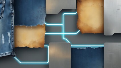 A modern abstract of American culture, blending denim, parchment, and metal textures with electric blue digital lines. It fuses tradition and tech, evoking nostalgia and contemporary business style.
