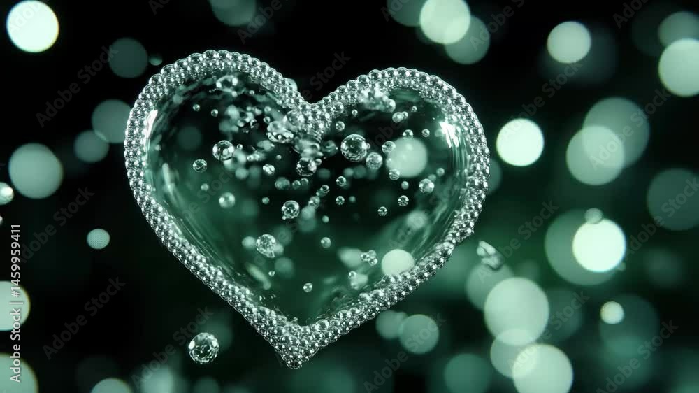Poster heart-shaped bubbles floating in a mesmerizing motion graphics display with green background, 4k hea