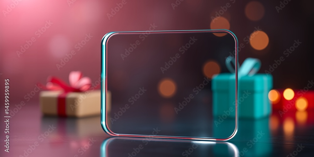 Poster a glass frame display with gift boxes and bokeh lights in the background on a reflective surface