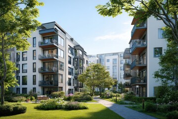 Modern apartment buildings with balconies, surrounded by lush greenery.