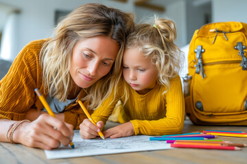 Mother and child drawing together on floor