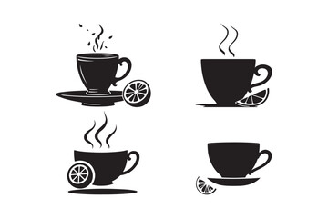 Tea Cup Silhouettes with Lemon and Steam Vector Icons
