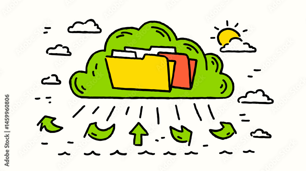 Poster cloud data illustration: a colorful digital illustration of cloud storage, highlighting data synchro