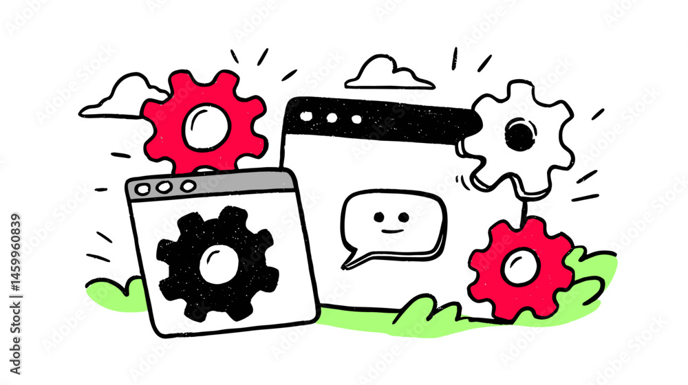 Poster digital gears in action: an artistic representation of technology and communication, featuring gears