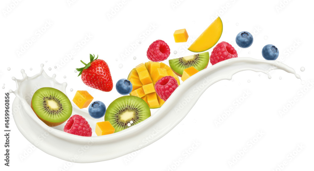 Aufkleber a vibrant assortment of fresh fruits arranged in a dynamic wave pattern on a white background surfac