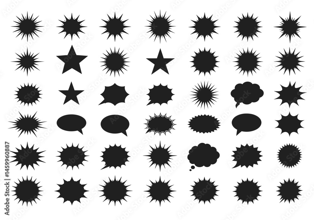 Poster vector black starburst explosion shapes set isolated on white background design elements for graphic
